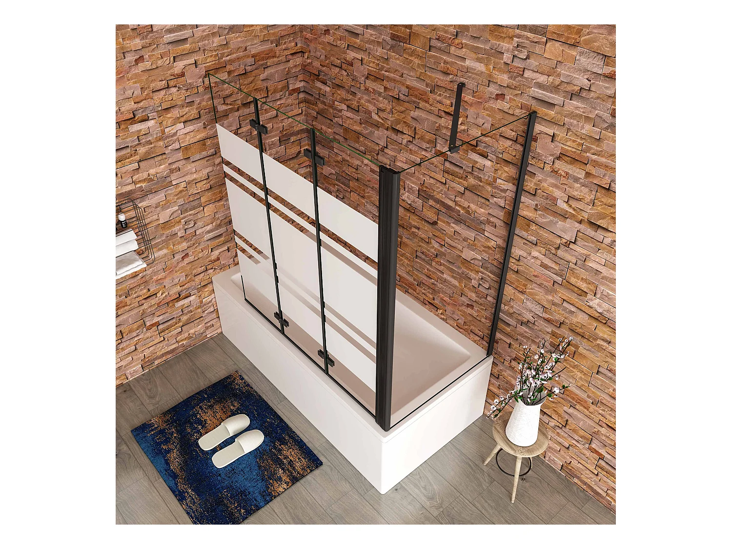 140x75x140cm Badwand 3 panelen vouwbaar met vast zijwand,6 mm nano helder veiligheidsglas met horizontale strepen - mat zwart profiel