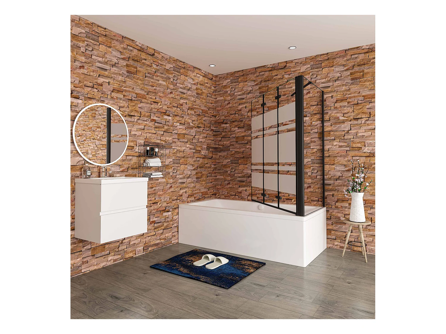 140x75x140cm Badwand 3 panelen vouwbaar met vast zijwand,6 mm nano helder veiligheidsglas met horizontale strepen - mat zwart profiel