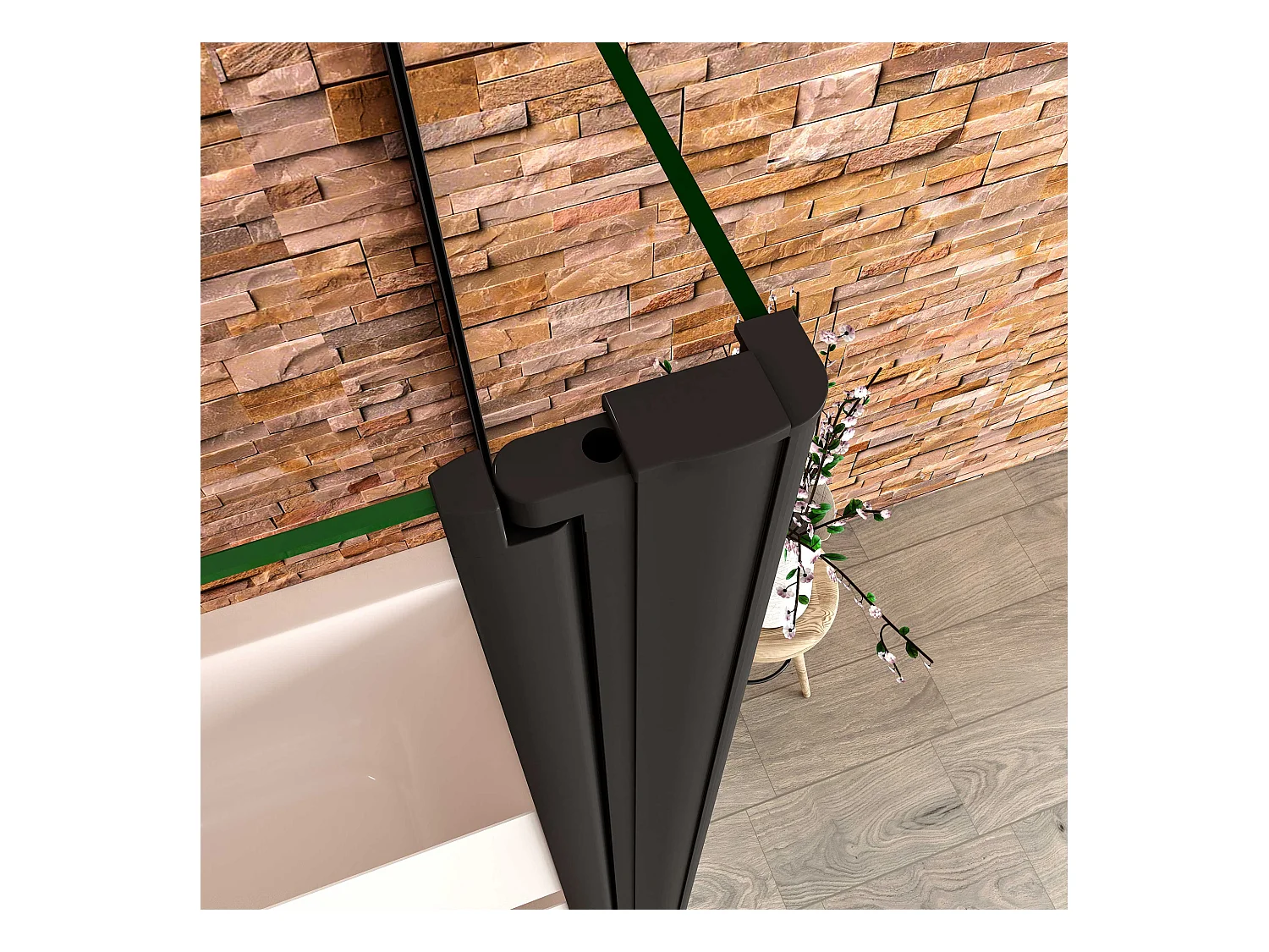 140x75x140cm Badwand 3 panelen vouwbaar met vast zijwand,6 mm nano helder veiligheidsglas met horizontale strepen - mat zwart profiel