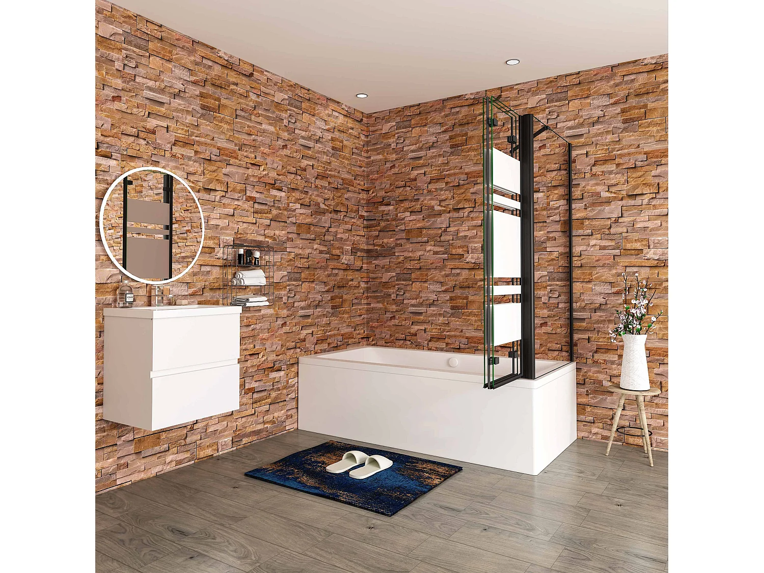 140x75x140cm Badwand 3 panelen vouwbaar met vast zijwand,6 mm nano helder veiligheidsglas met horizontale strepen - mat zwart profiel