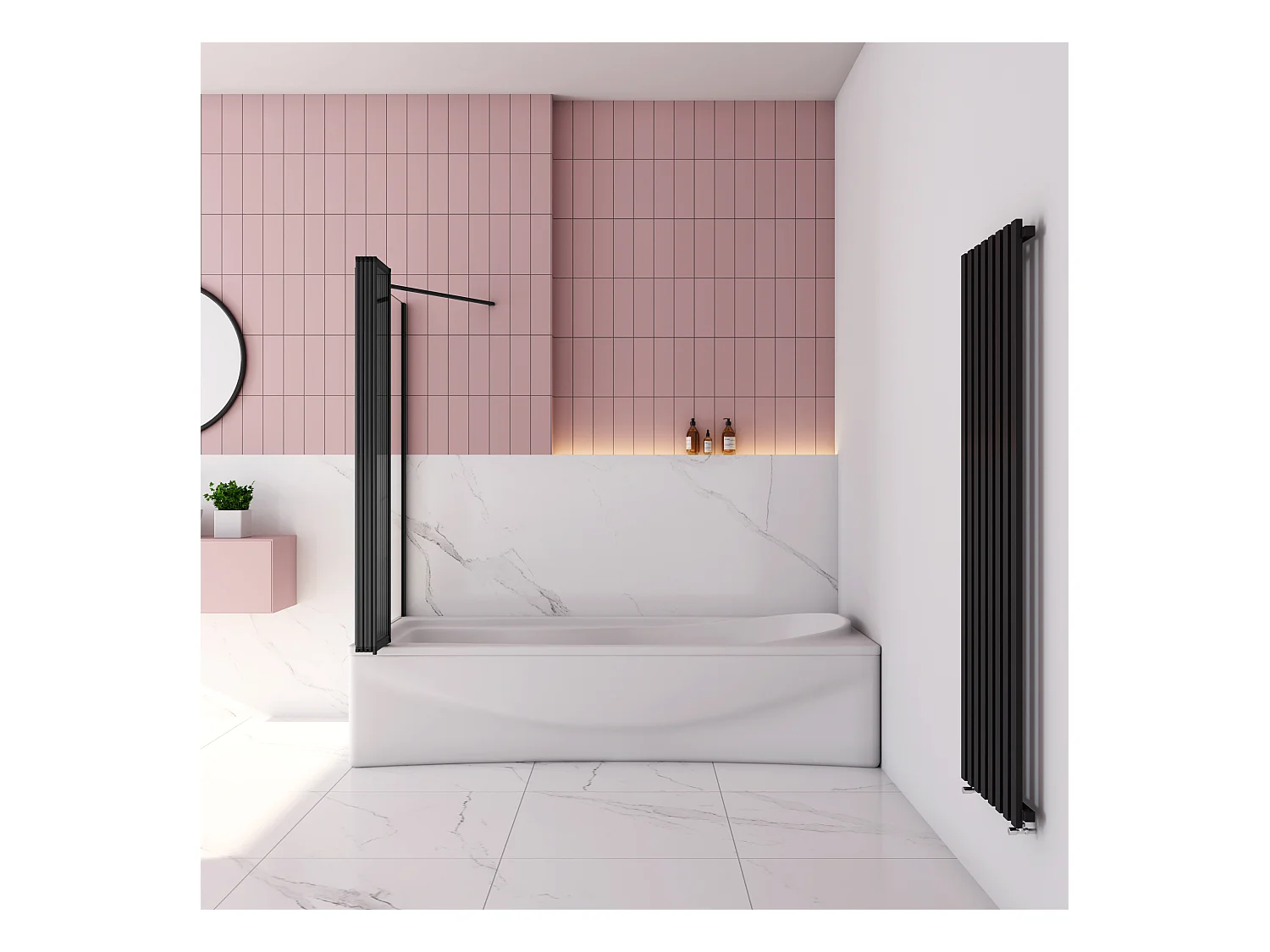 120x80x140cm Badwand 5-delig vouwbaar met vast zijwand,4mm helder ESG-veiligheidsglas - mat zwart profiel