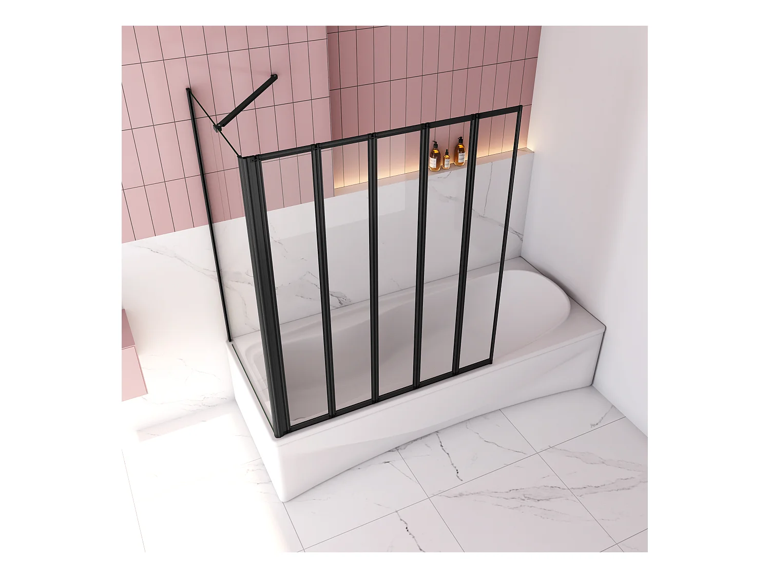 120x80x140cm Badwand 5-delig vouwbaar met vast zijwand,4mm helder ESG-veiligheidsglas - mat zwart profiel