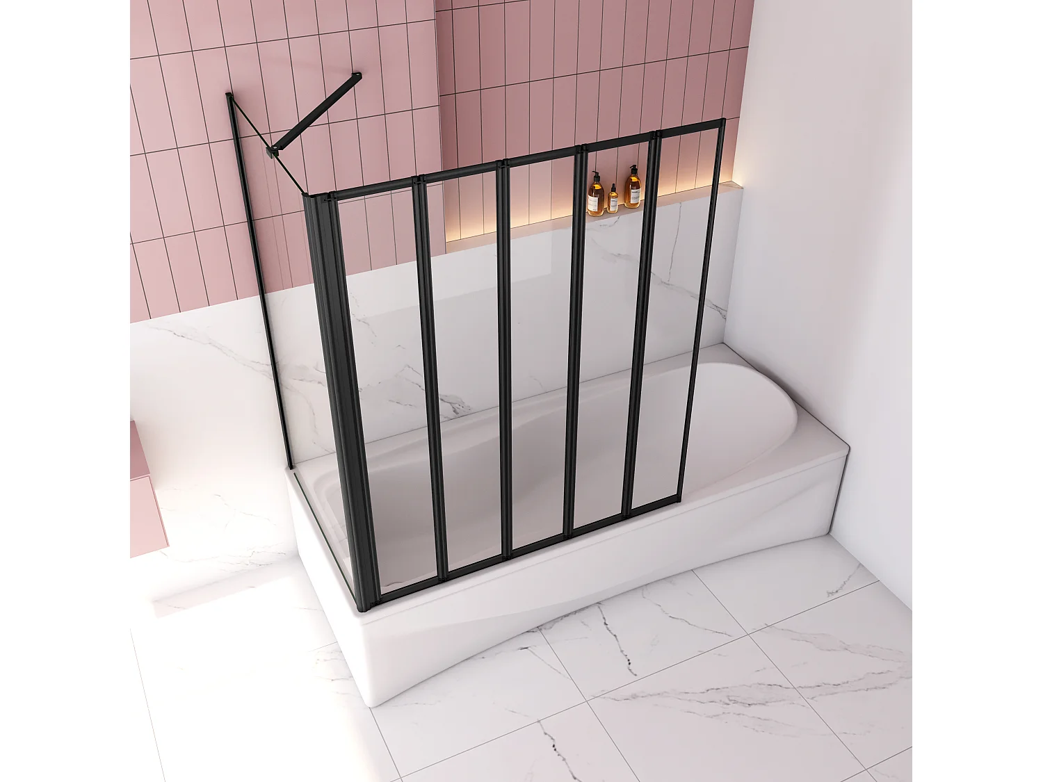 120x80x140cm Badwand 5-delig vouwbaar met vast zijwand,4mm helder ESG-veiligheidsglas - mat zwart profiel