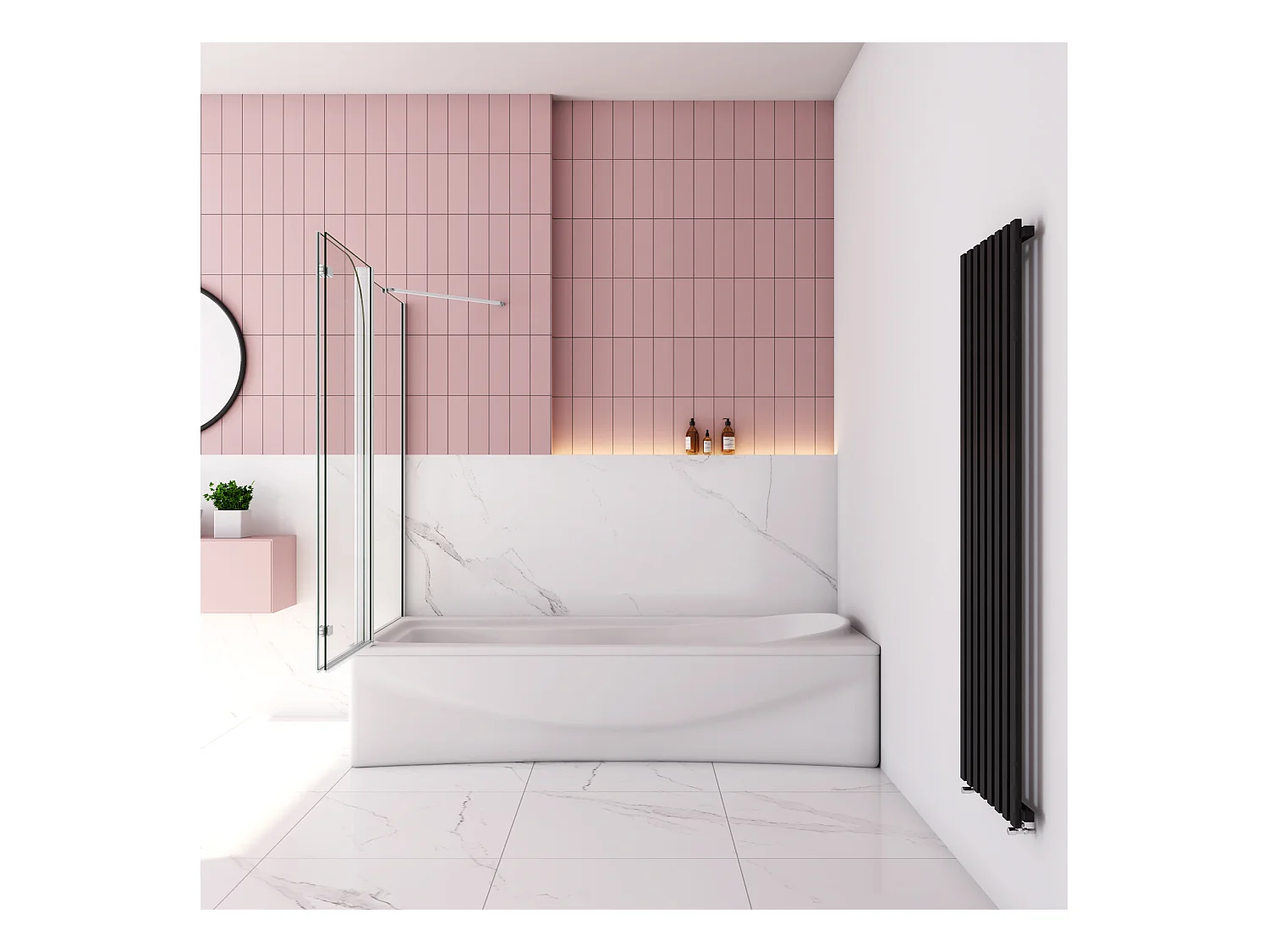 100x75x140cm Badscherm badwand 2 panelen vouwbaar met vast zijwand,6mm NANO helder ESG-veiligheidsglas - mat wit profiel