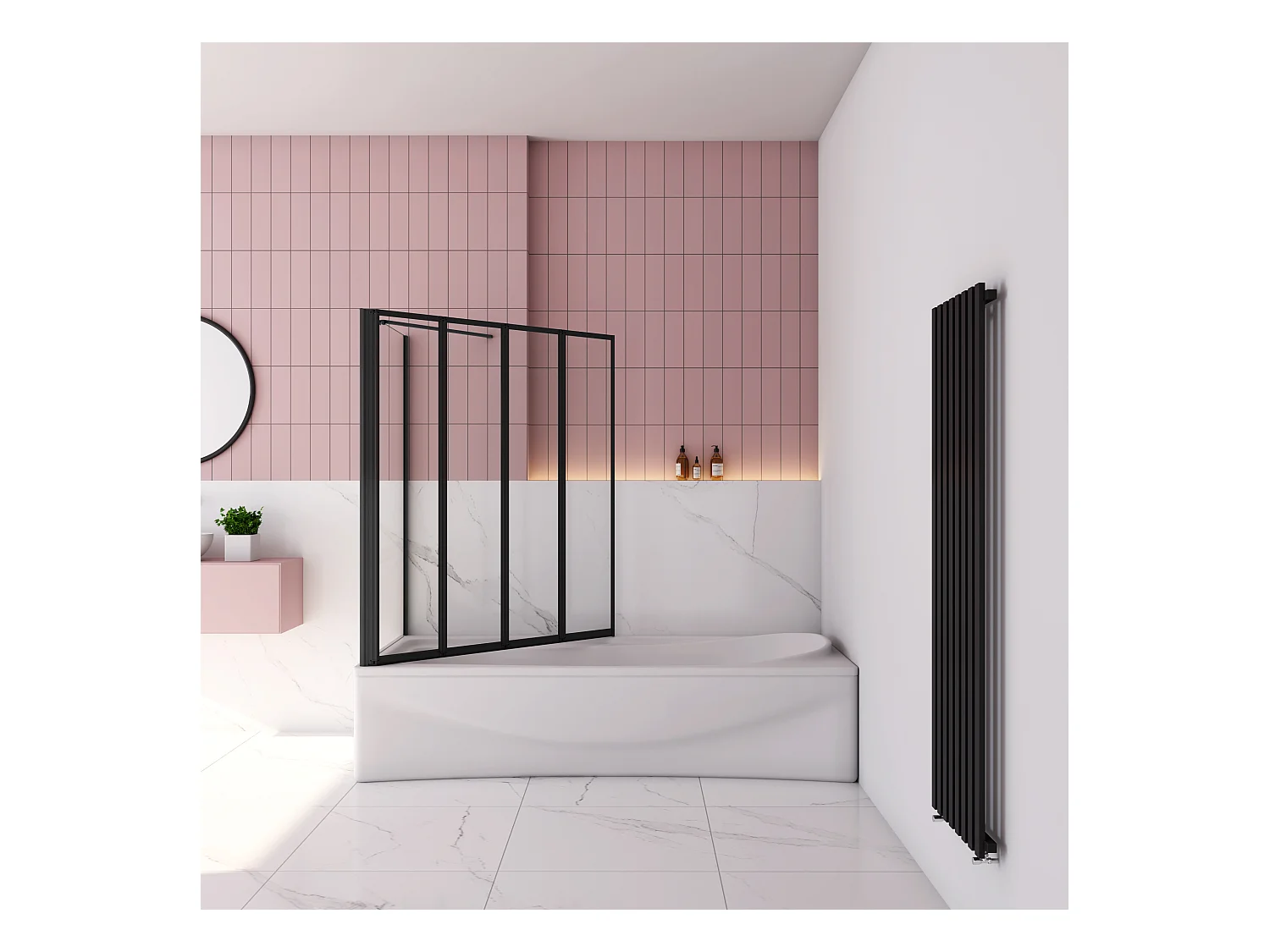 90x75x140cm Badwand 4-delig vouwbaar met vast zijwand,4mm helder ESG-veiligheidsglas - mat zwart profiel