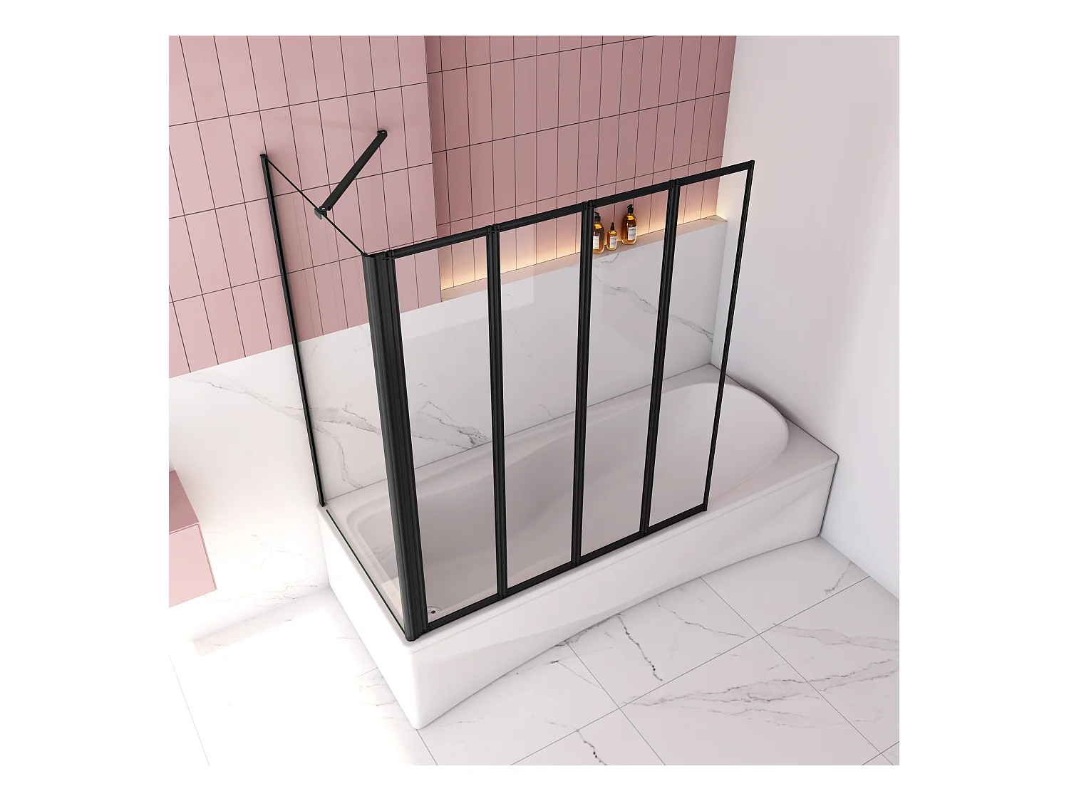 90x75x140cm Badwand 4-delig vouwbaar met vast zijwand,4mm helder ESG-veiligheidsglas - mat zwart profiel