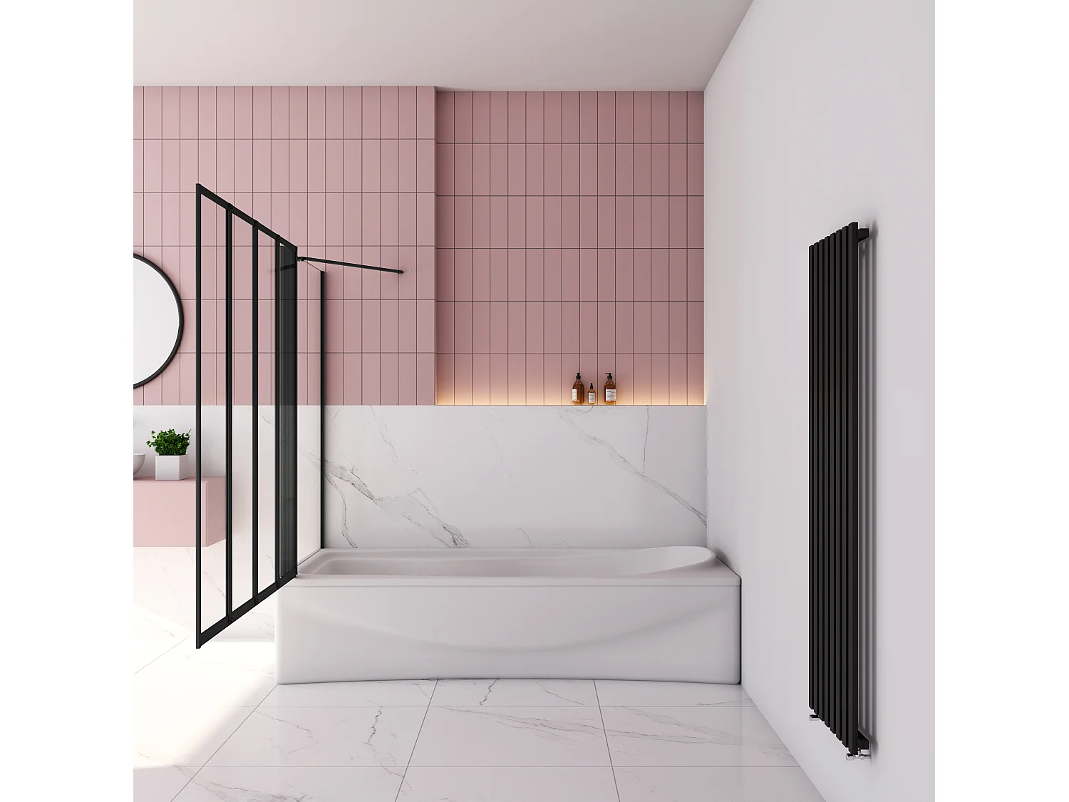 90x75x140cm Badwand 4-delig vouwbaar met vast zijwand,4mm helder ESG-veiligheidsglas - mat zwart profiel