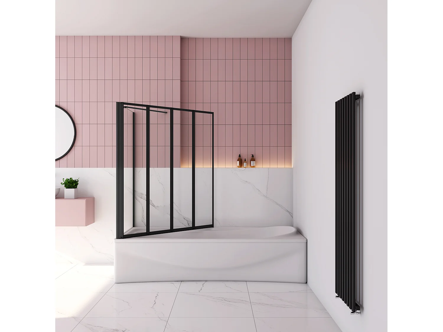 90x75x140cm Badwand 4-delig vouwbaar met vast zijwand,4mm helder ESG-veiligheidsglas - mat zwart profiel