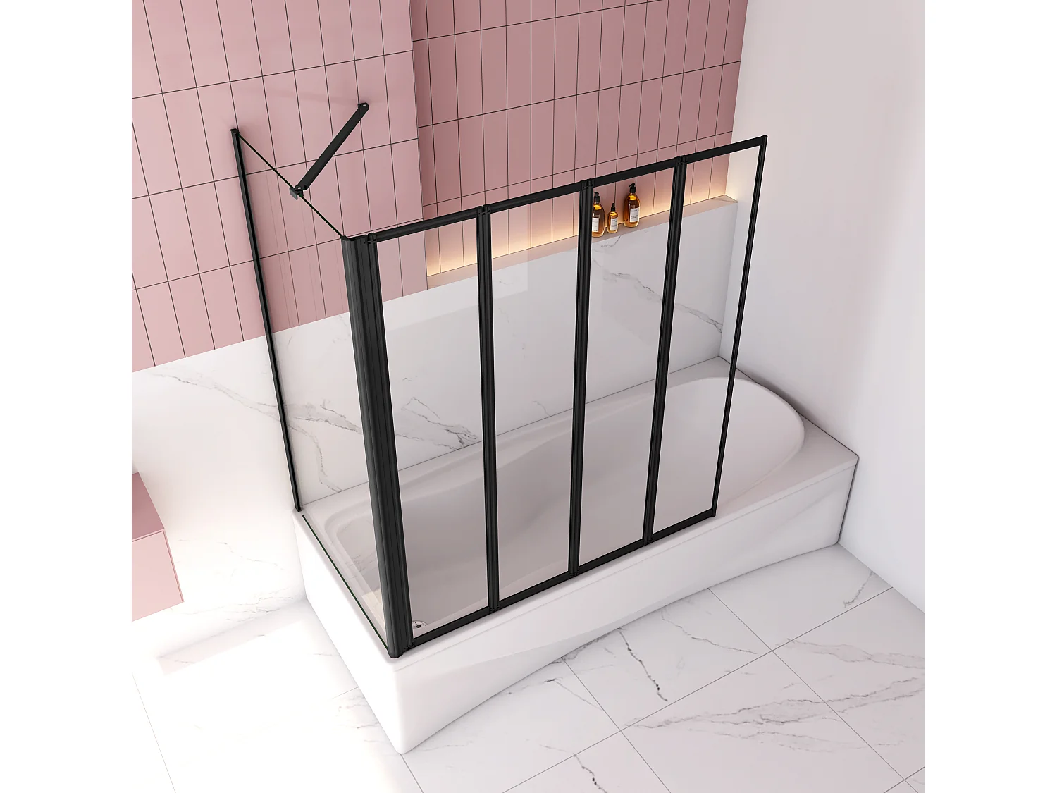 90x75x140cm Badwand 4-delig vouwbaar met vast zijwand,4mm helder ESG-veiligheidsglas - mat zwart profiel