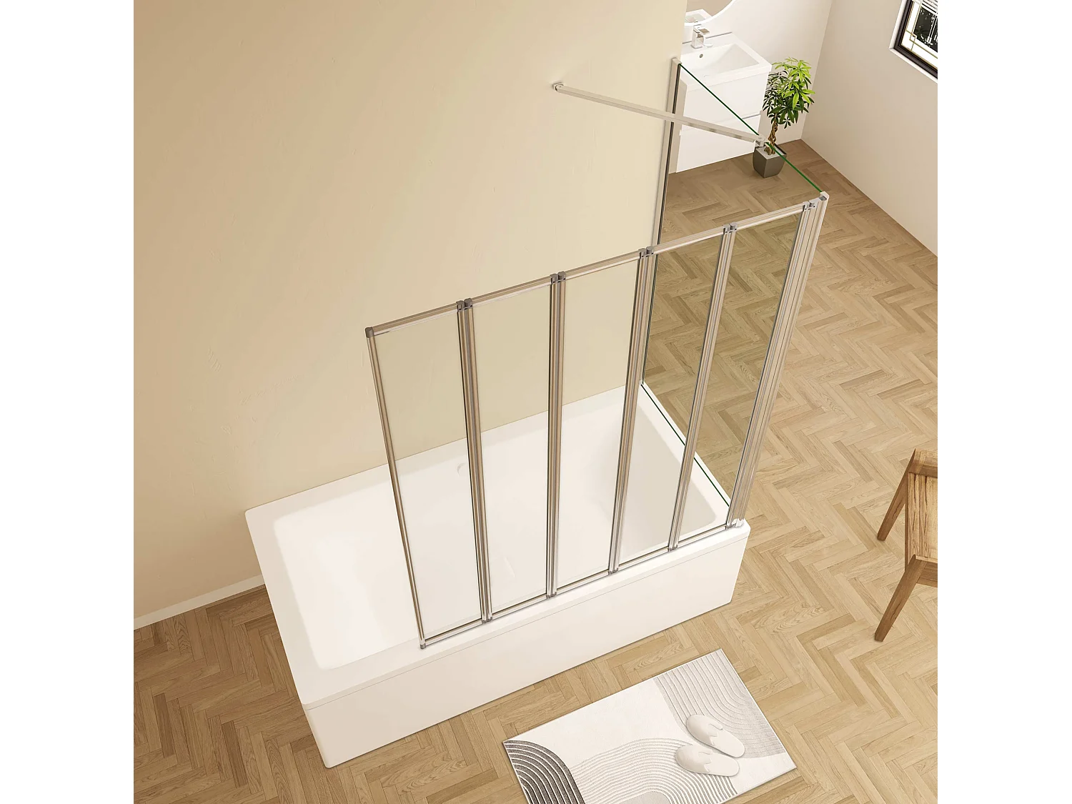 120x60x140cm Badwand 5 panelen vouwbaar met vast zijwand,4mm helder ESG-veiligheidsglas,profiel van glanzend chroom
