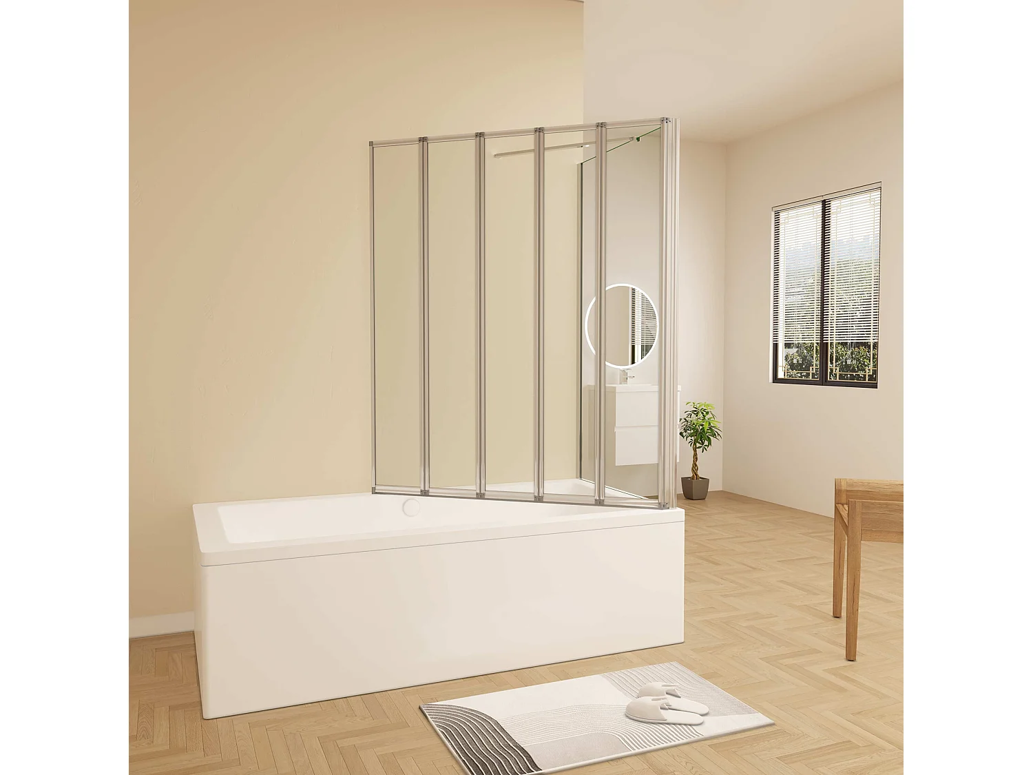 120x60x140cm Badwand 5 panelen vouwbaar met vast zijwand,4mm helder ESG-veiligheidsglas,profiel van glanzend chroom