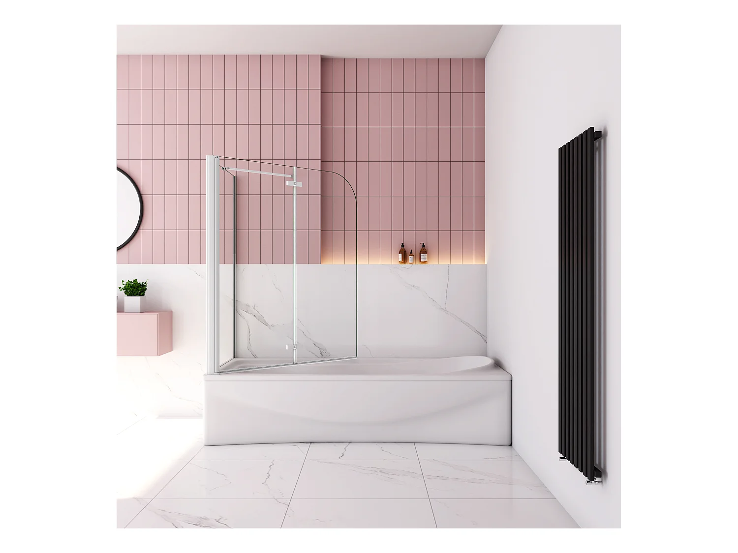 120x80x140cm Badscherm badwand 2 panelen vouwbaar met vast zijwand,6mm NANO helder ESG-veiligheidsglas - mat wit profiel