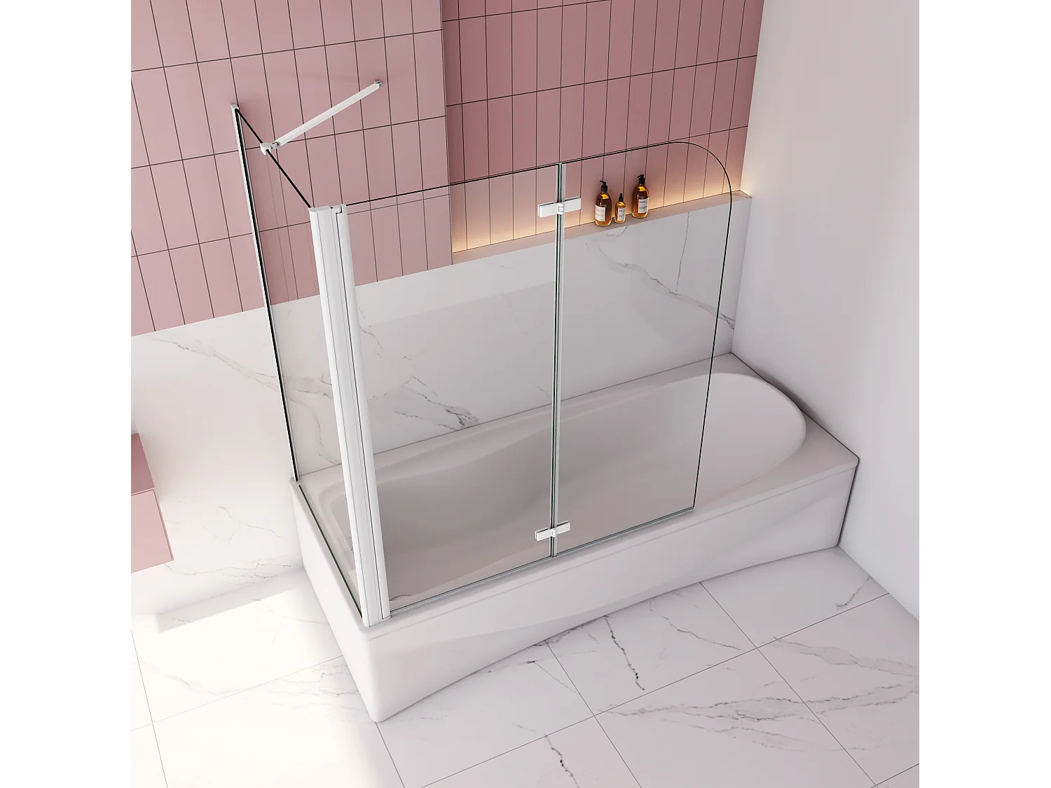 120x80x140cm Badscherm badwand 2 panelen vouwbaar met vast zijwand,6mm NANO helder ESG-veiligheidsglas - mat wit profiel