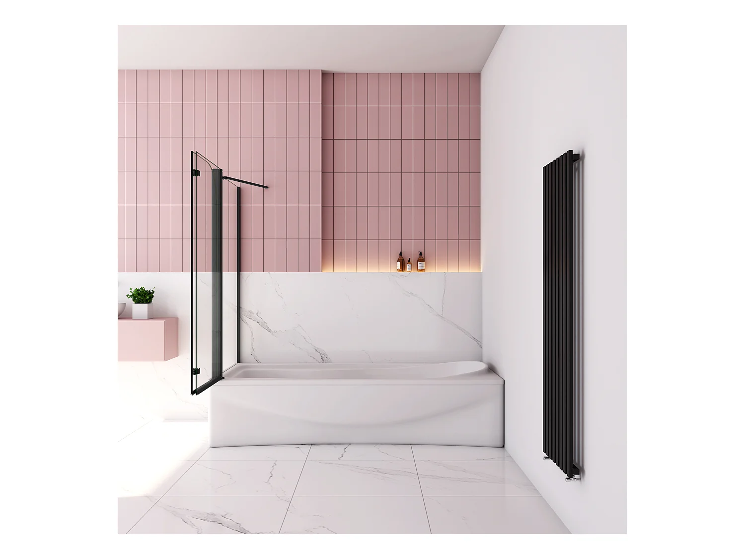 Badwand met 2 delig inklapbaar deur 120x140 cm en een zijwand 75cm ,6 mm helder EasyClean veiligheidsglas，mat zwarte profiel