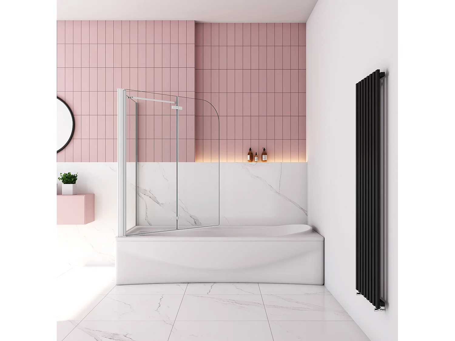 110x80x140cm Badscherm badwand 2 panelen vouwbaar met vast zijwand,6mm NANO helder ESG-veiligheidsglas - mat wit profiel