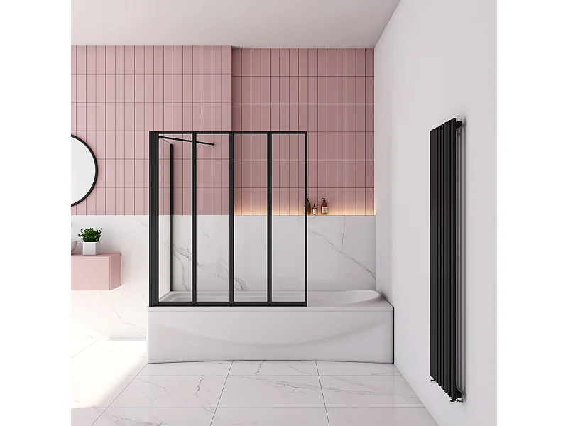 100x70x140cm Badwand 4-delig vouwbaar met vast zijwand,4mm helder ESG-veiligheidsglas - mat zwart profiel