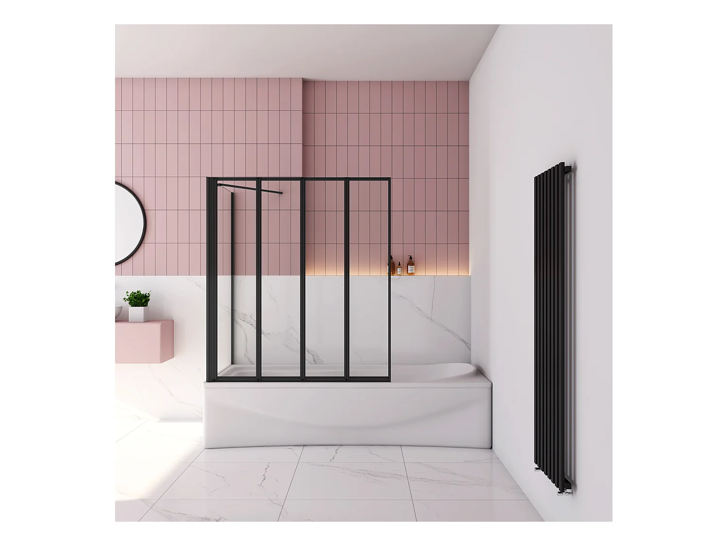 100x70x140cm Badwand 4-delig vouwbaar met vast zijwand,4mm helder ESG-veiligheidsglas - mat zwart profiel