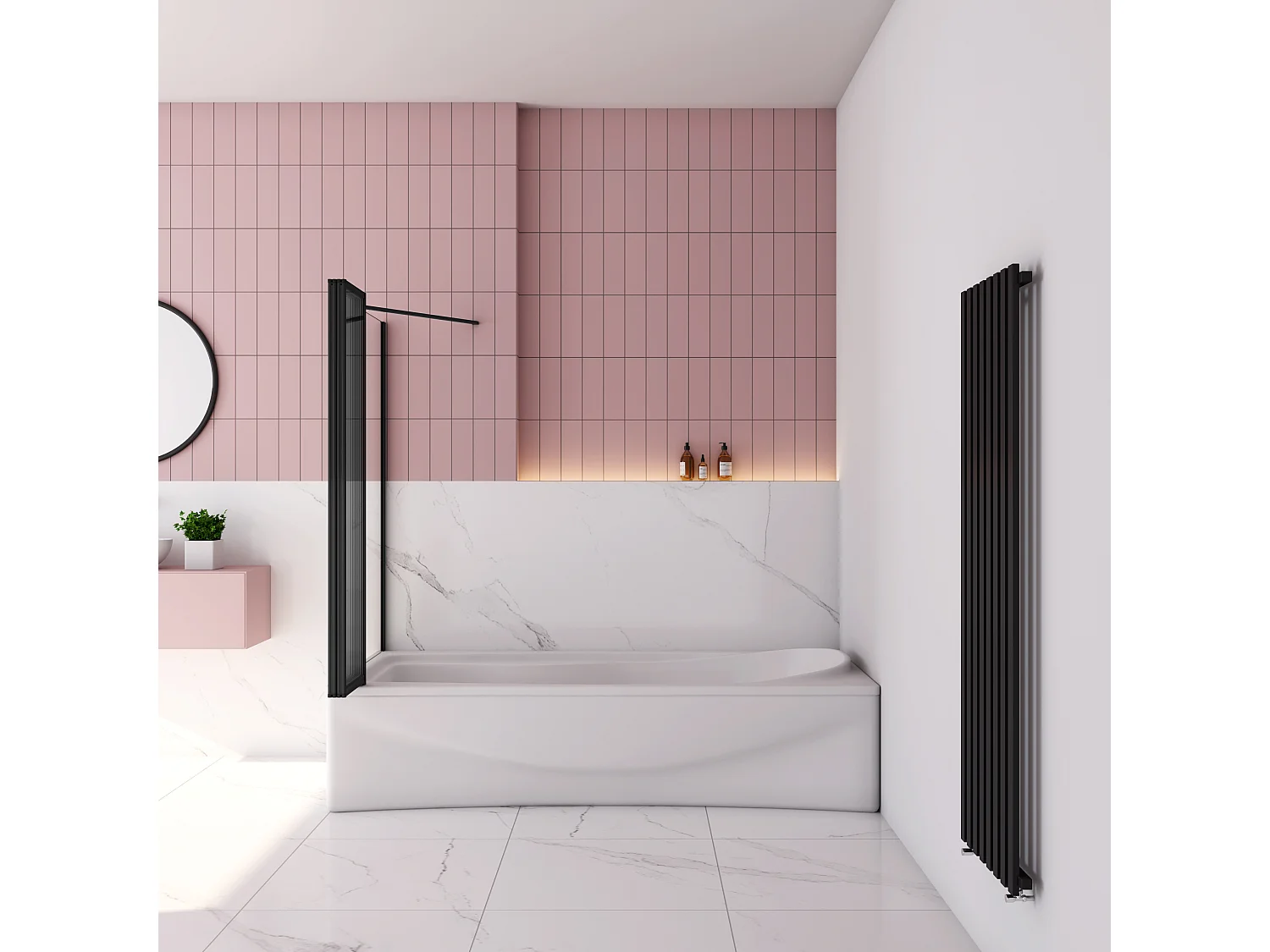 100x70x140cm Badwand 4-delig vouwbaar met vast zijwand,4mm helder ESG-veiligheidsglas - mat zwart profiel