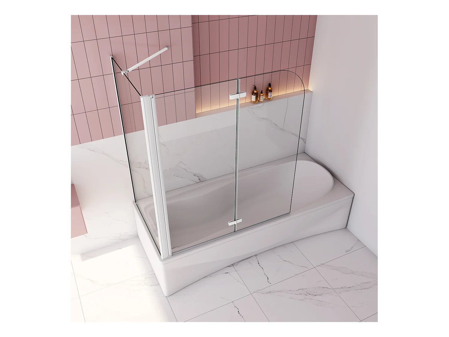 90x75x140cm Badscherm badwand 2 panelen vouwbaar met vast zijwand,6mm NANO helder ESG-veiligheidsglas - mat wit profiel