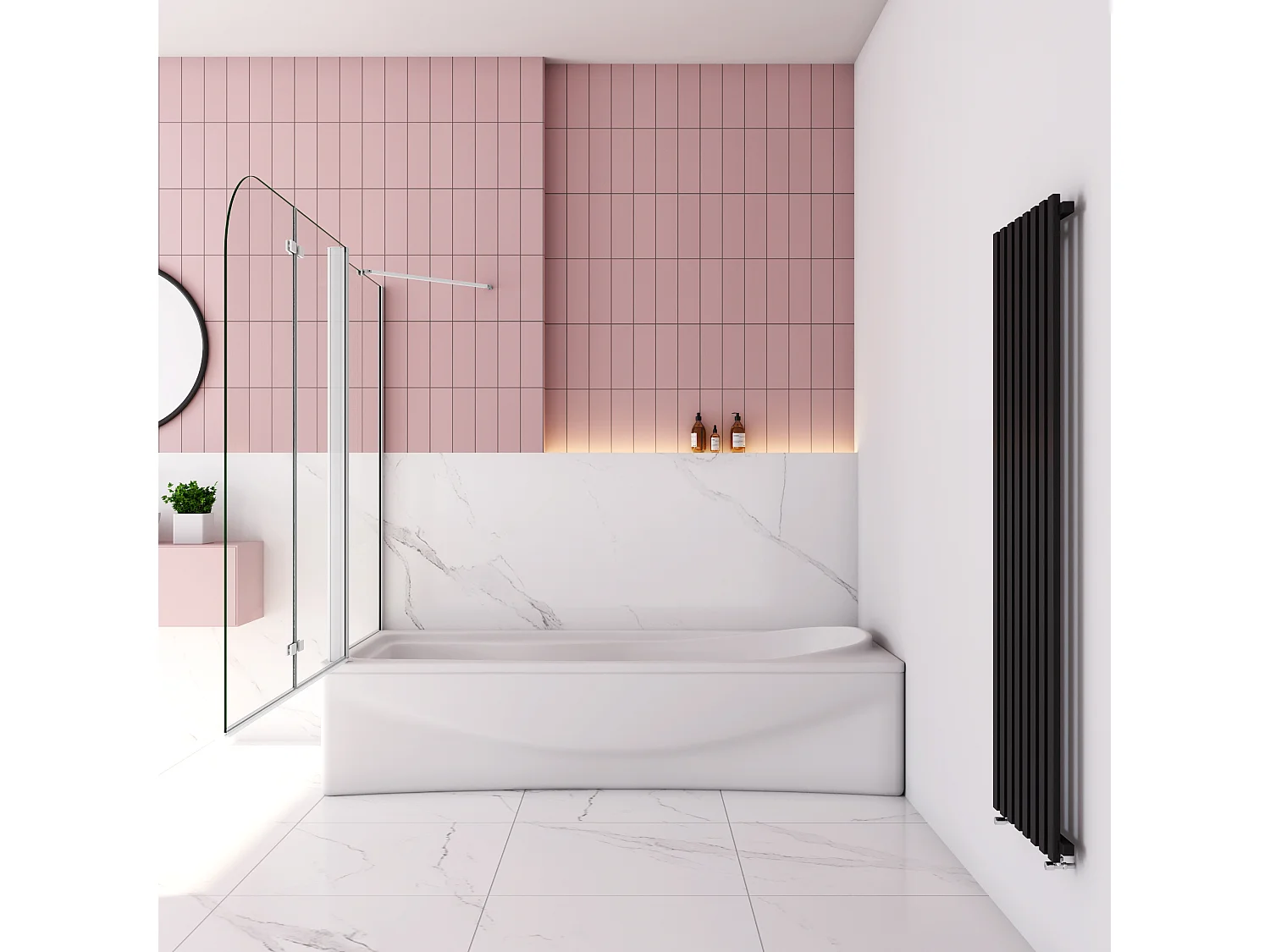 90x75x140cm Badscherm badwand 2 panelen vouwbaar met vast zijwand,6mm NANO helder ESG-veiligheidsglas - mat wit profiel