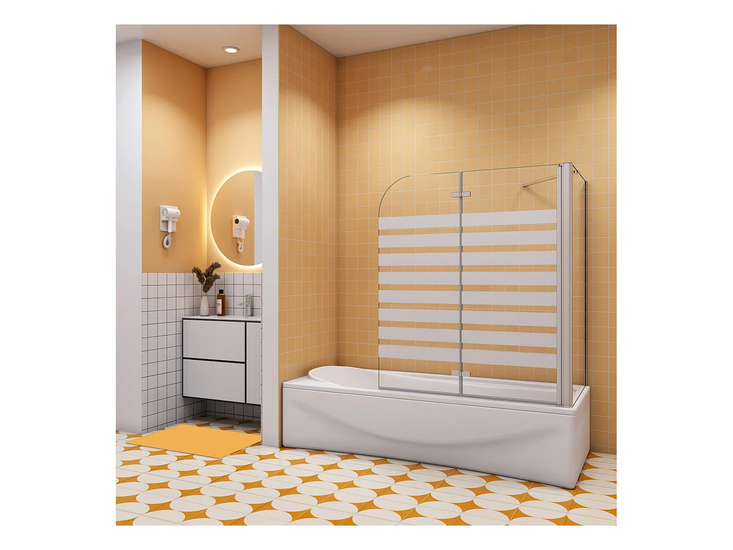 120x60x140cm Badwand 2 panelen vouwbaar met vast zijwand,6 mm nano helder veiligheidsglas met horizontale strepen - glanzend chroom - rechterkant installeren