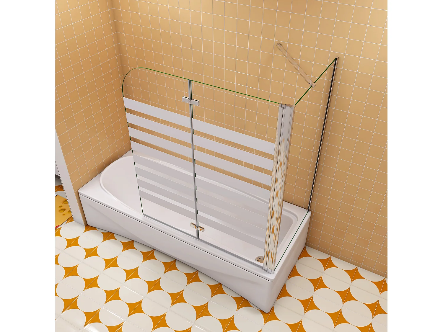 120x60x140cm Badwand 2 panelen vouwbaar met vast zijwand,6 mm nano helder veiligheidsglas met horizontale strepen - glanzend chroom - rechterkant installeren