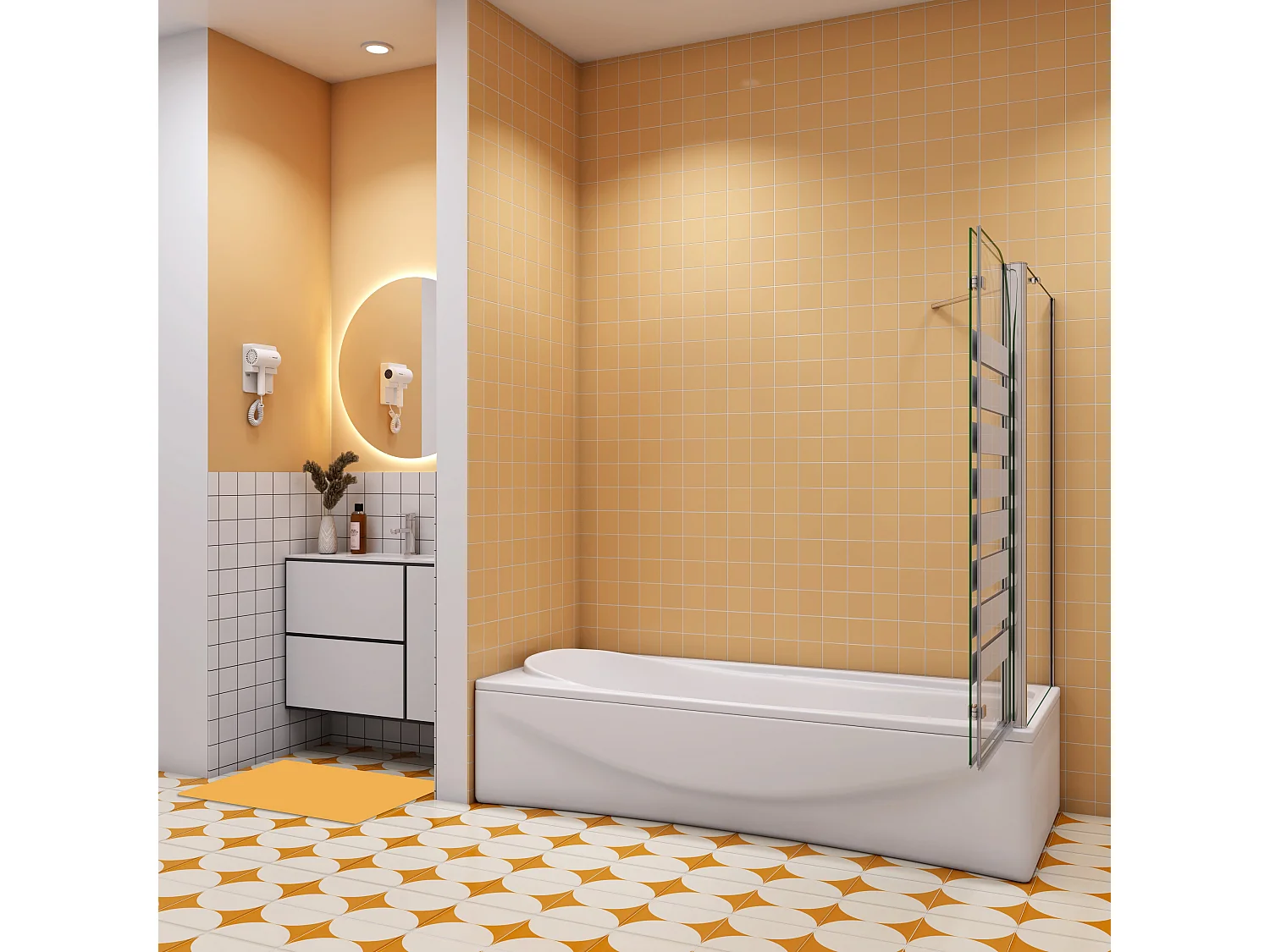 120x60x140cm Badwand 2 panelen vouwbaar met vast zijwand,6 mm nano helder veiligheidsglas met horizontale strepen - glanzend chroom - rechterkant installeren