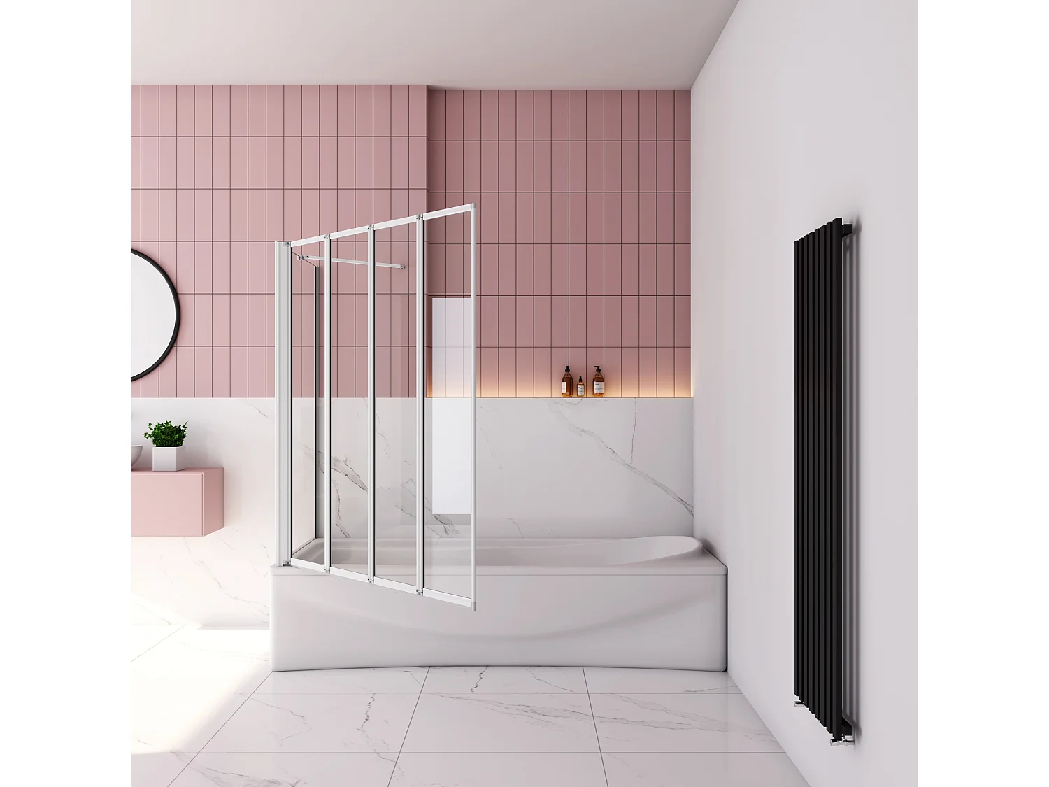 100x70x140 cm Badwand 4 panelen vouwbaar met vast zijwand,4mm helder ESG-veiligheidsglas,profiel van mat grijs