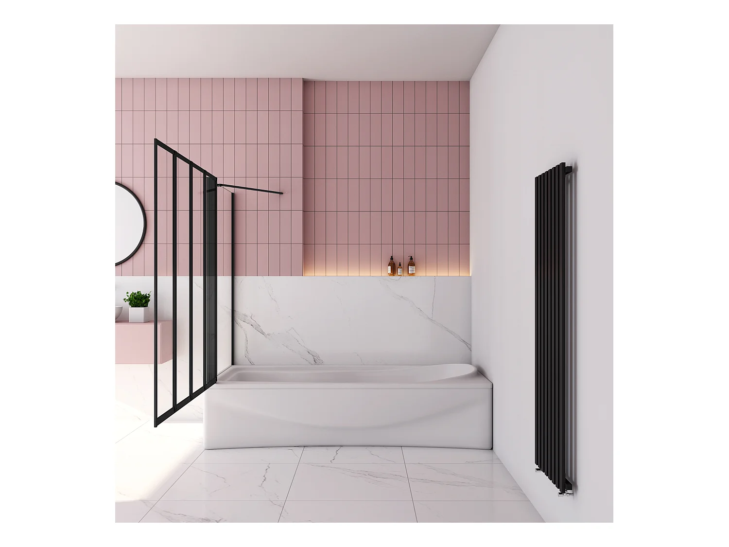 100x75x140cm Badwand 4-delig vouwbaar met vast zijwand,4mm helder ESG-veiligheidsglas - mat zwart profiel