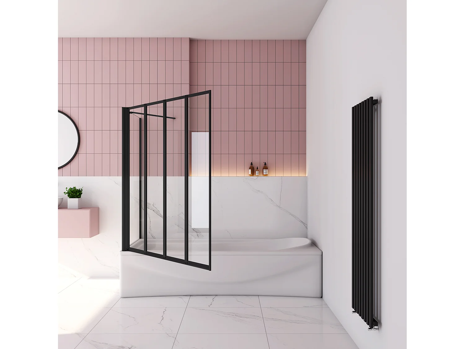 100x75x140cm Badwand 4-delig vouwbaar met vast zijwand,4mm helder ESG-veiligheidsglas - mat zwart profiel