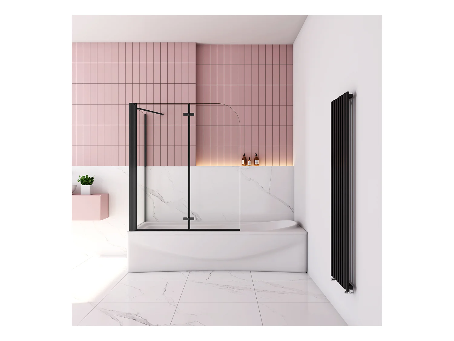 Badwand met 2 delig inklapbaar deur 100x140 cm en een zijwand 75cm ,6 mm helder EasyClean veiligheidsglas，mat zwarte profiel