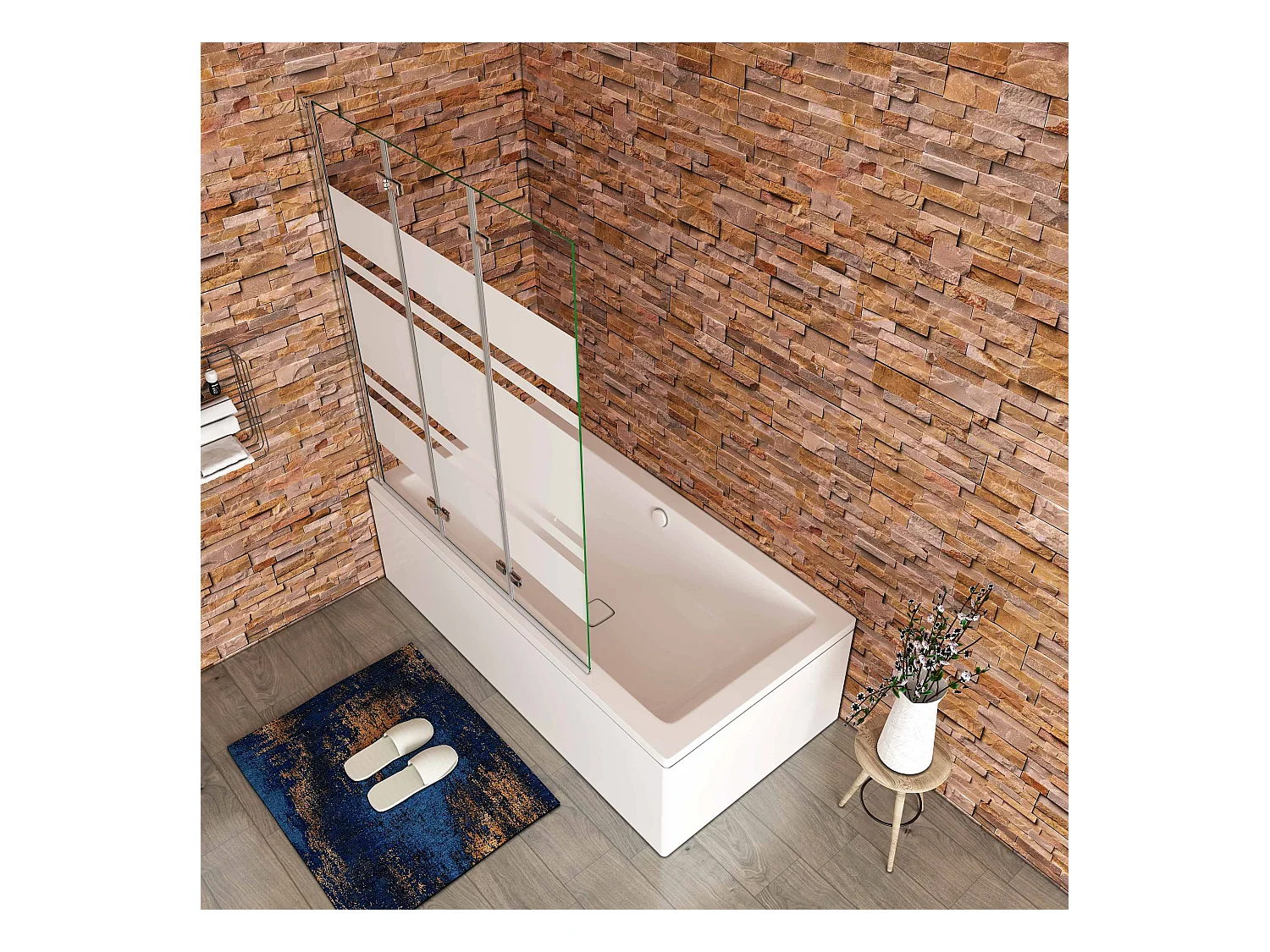 Opvouwbaar badwand 3 panelen vouwbaar 140x140cm,6 mm nano helder veiligheidsglas met horizontale strepen - glanzend chroom