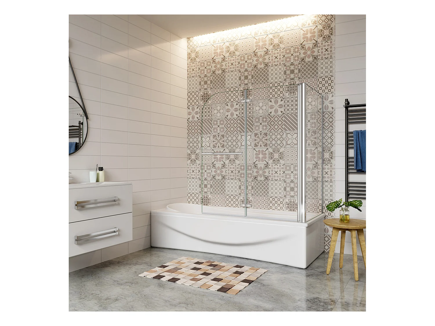 100x60x140cm Badwand vouwbaar met vast zijwand,6 mm nano helder veiligheidsglas,verchroomd handdoekstang - glanzend chroom
