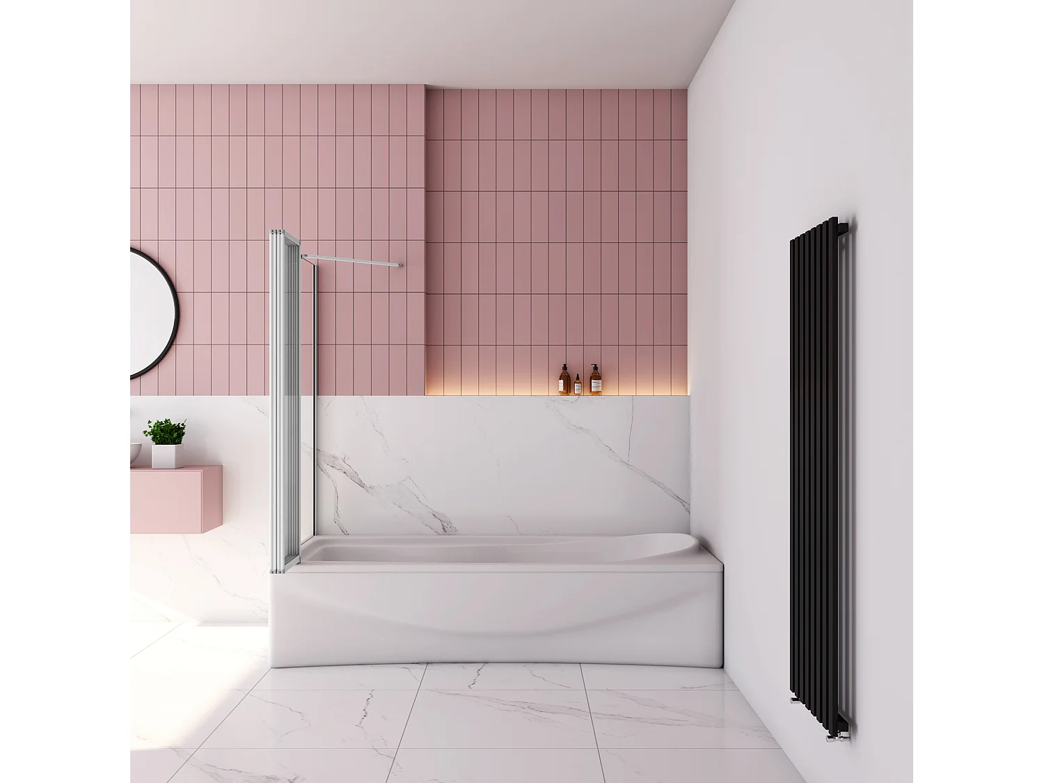 90x75x140cm Badwand 4 panelen vouwbaar met vast zijwand,4mm helder ESG-veiligheidsglas,profiel van mat grijs