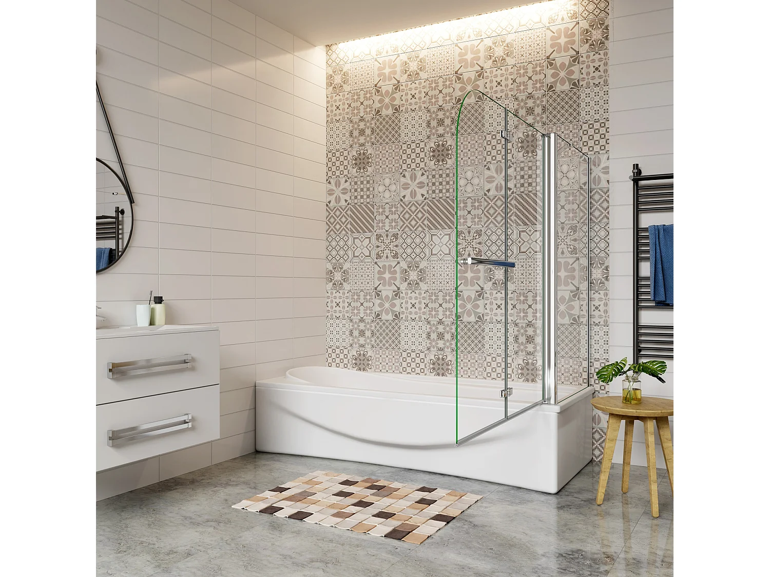 120x60x140cm Badwand vouwbaar met vast zijwand,6 mm nano helder veiligheidsglas,verchroomd handdoekstang - glanzend chroom