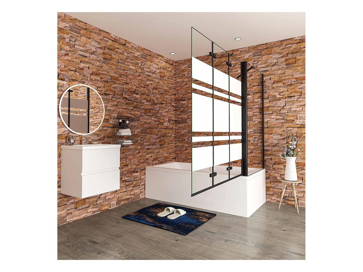 140x80x140cm Badwand 3 panelen vouwbaar met vast zijwand,6 mm nano helder veiligheidsglas met horizontale strepen - mat zwart profiel