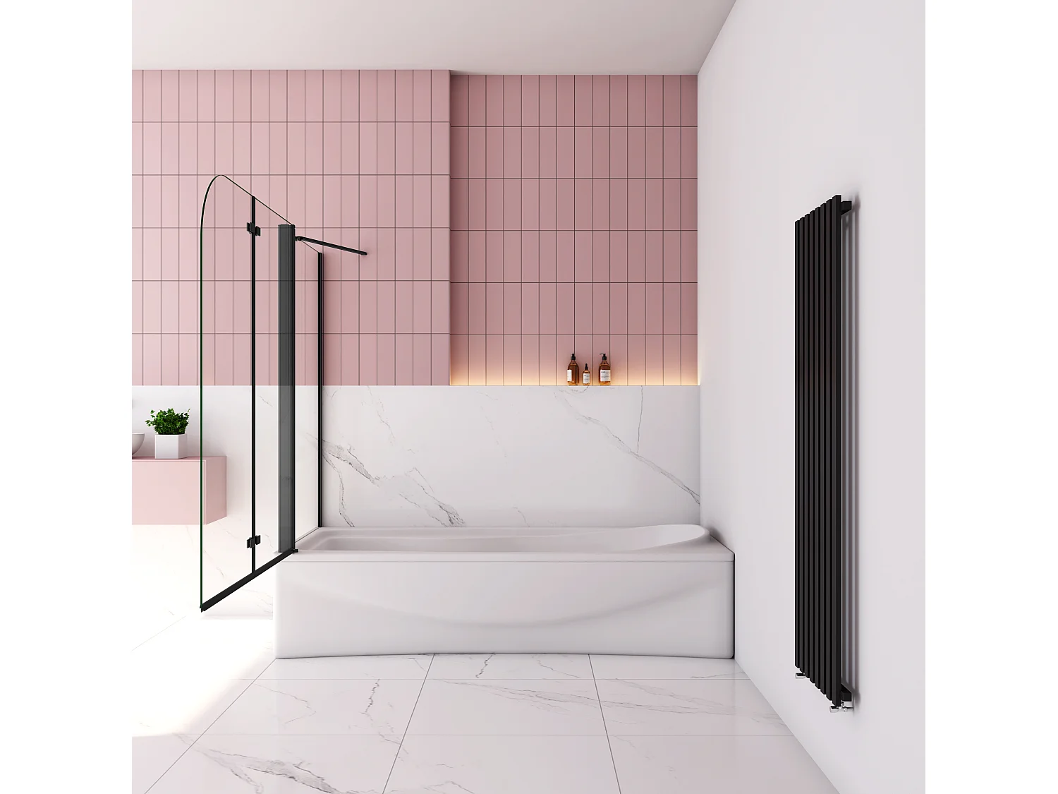 Badwand met 2 delig inklapbaar deur 90x140 cm en een zijwand 80cm ,6 mm helder EasyClean veiligheidsglas，mat zwarte profiel