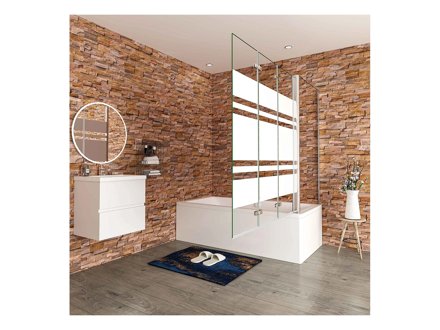 140x80x140cm Badwand 3 panelen vouwbaar met vast zijwand,6 mm nano helder veiligheidsglas met horizontale strepen - glanzend chroom