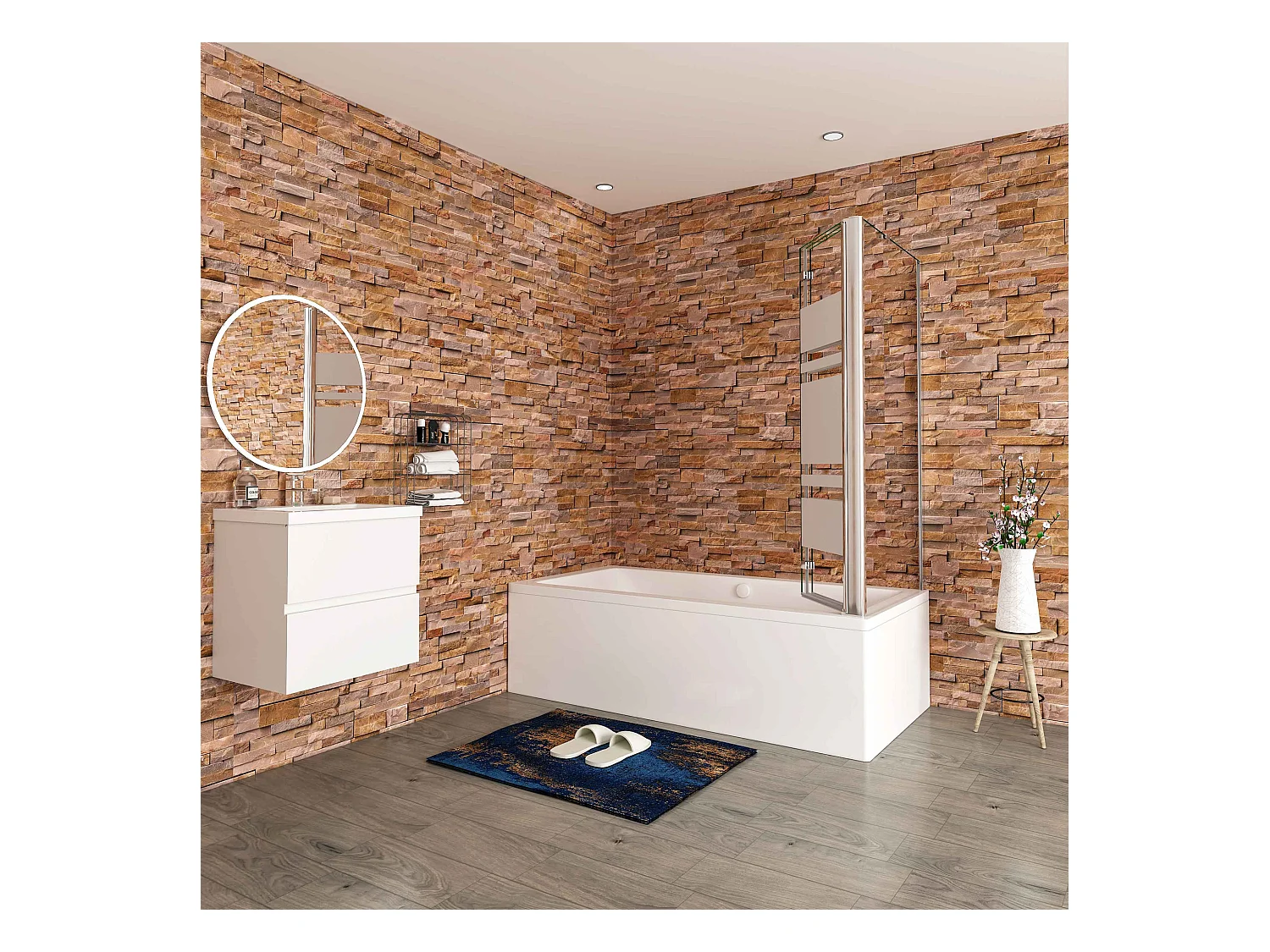 140x80x140cm Badwand 3 panelen vouwbaar met vast zijwand,6 mm nano helder veiligheidsglas met horizontale strepen - glanzend chroom