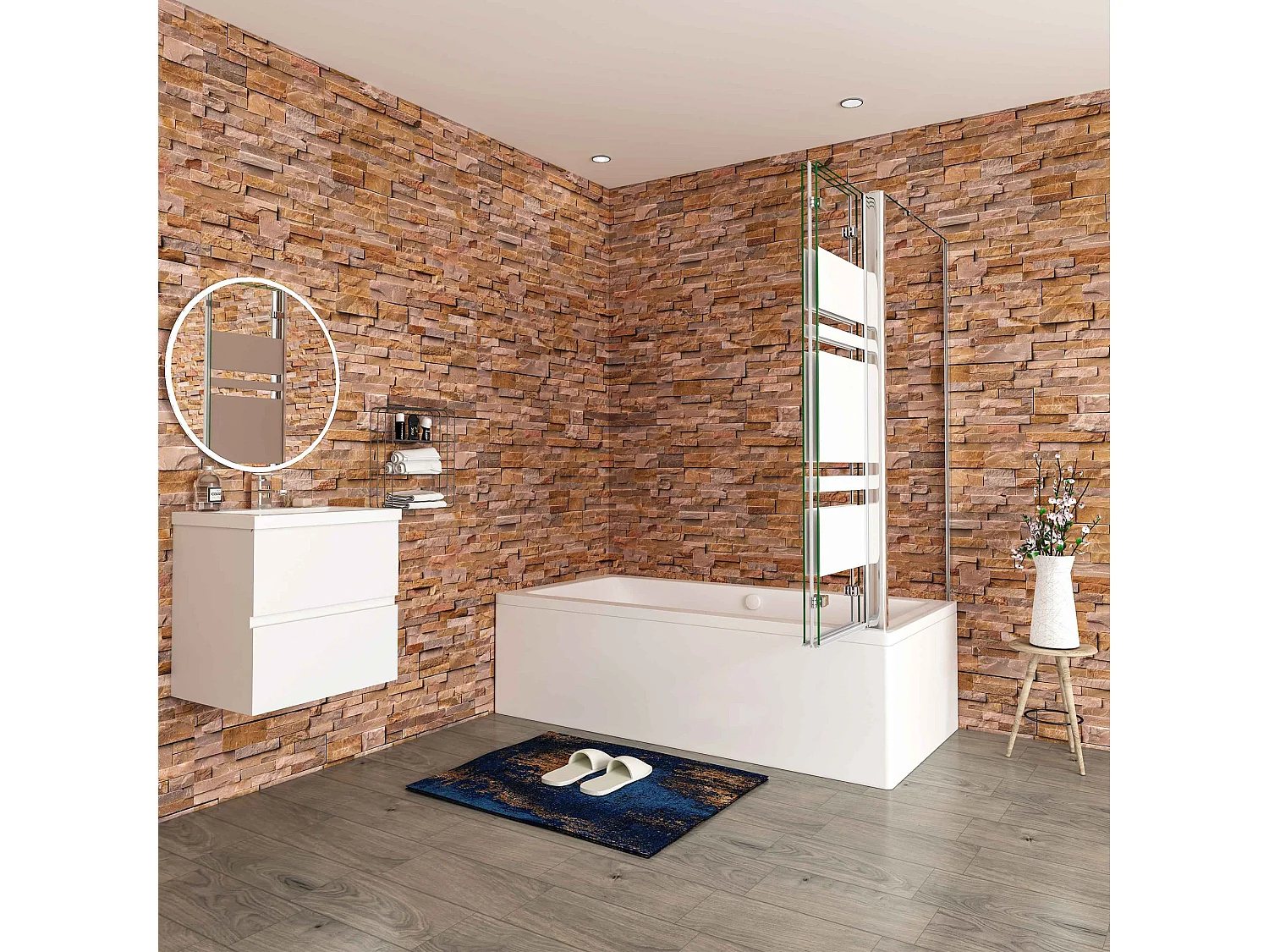 140x80x140cm Badwand 3 panelen vouwbaar met vast zijwand,6 mm nano helder veiligheidsglas met horizontale strepen - glanzend chroom