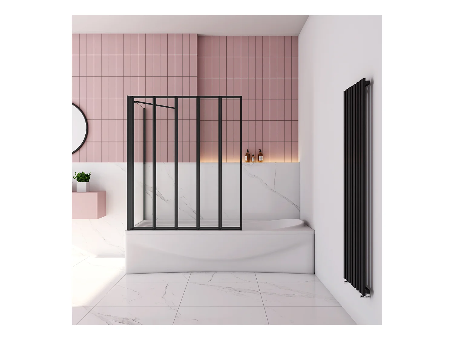 120x75x140cm Badwand 5-delig vouwbaar met vast zijwand,4mm helder ESG-veiligheidsglas - mat zwart profiel