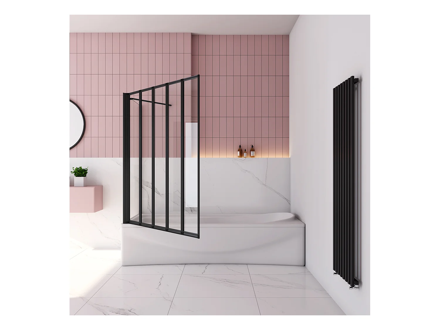 120x75x140cm Badwand 5-delig vouwbaar met vast zijwand,4mm helder ESG-veiligheidsglas - mat zwart profiel