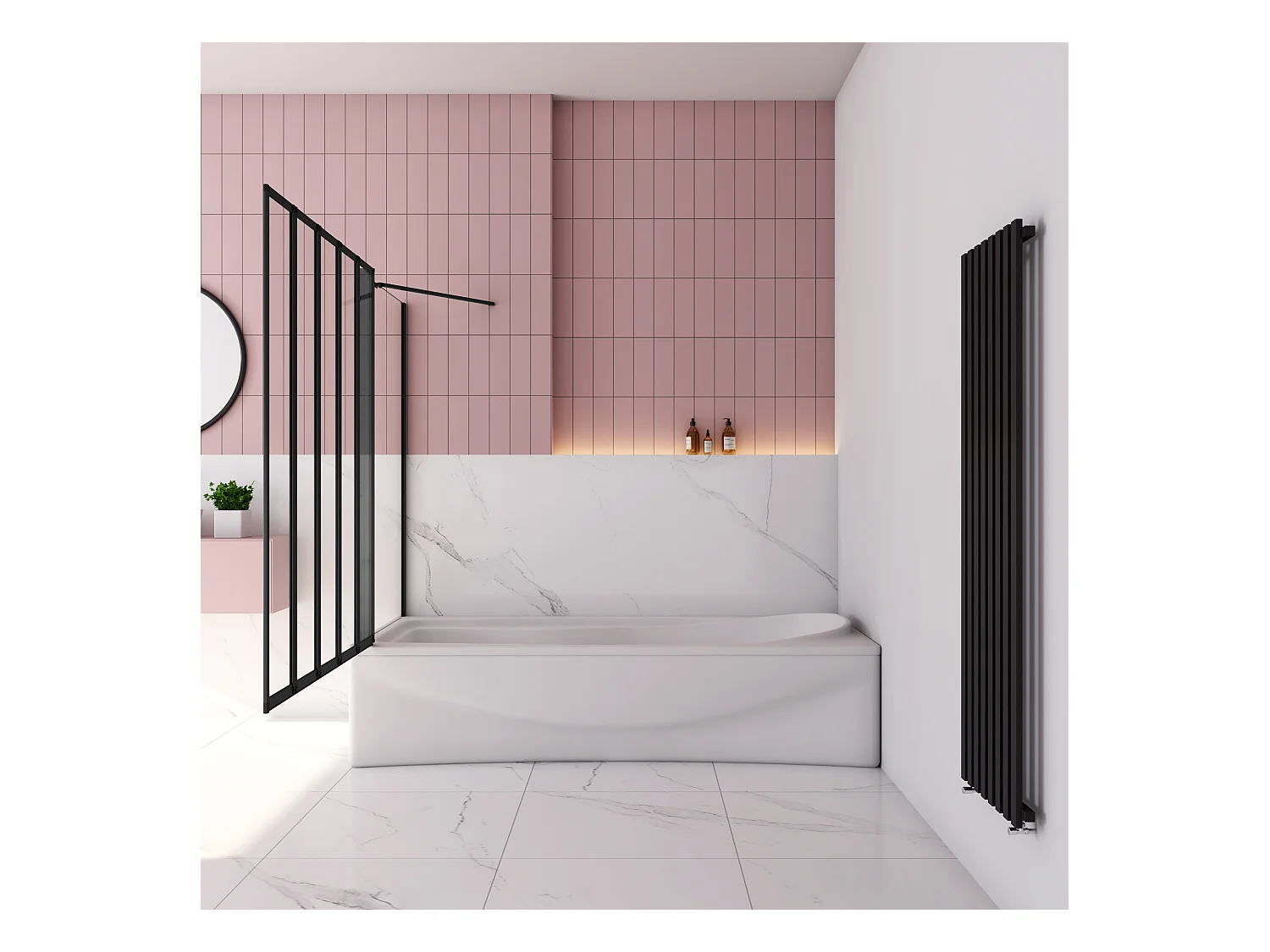 120x75x140cm Badwand 5-delig vouwbaar met vast zijwand,4mm helder ESG-veiligheidsglas - mat zwart profiel