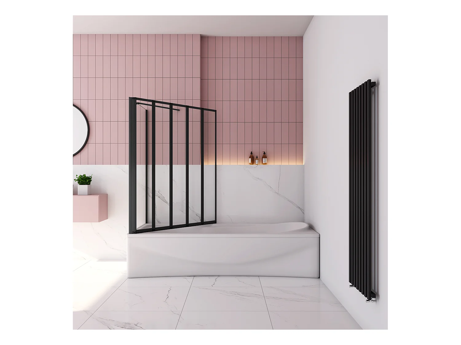 120x75x140cm Badwand 5-delig vouwbaar met vast zijwand,4mm helder ESG-veiligheidsglas - mat zwart profiel