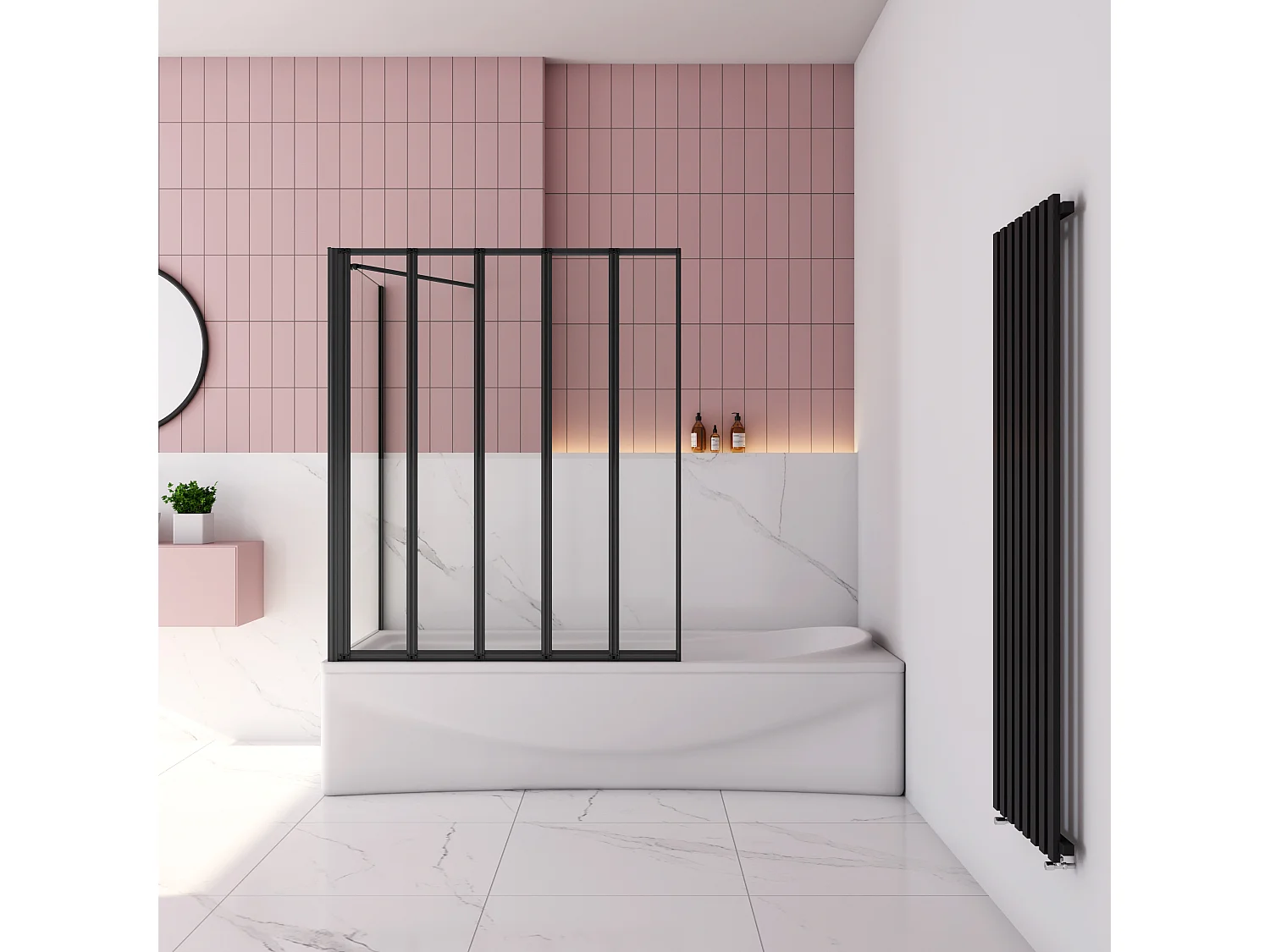 120x75x140cm Badwand 5-delig vouwbaar met vast zijwand,4mm helder ESG-veiligheidsglas - mat zwart profiel