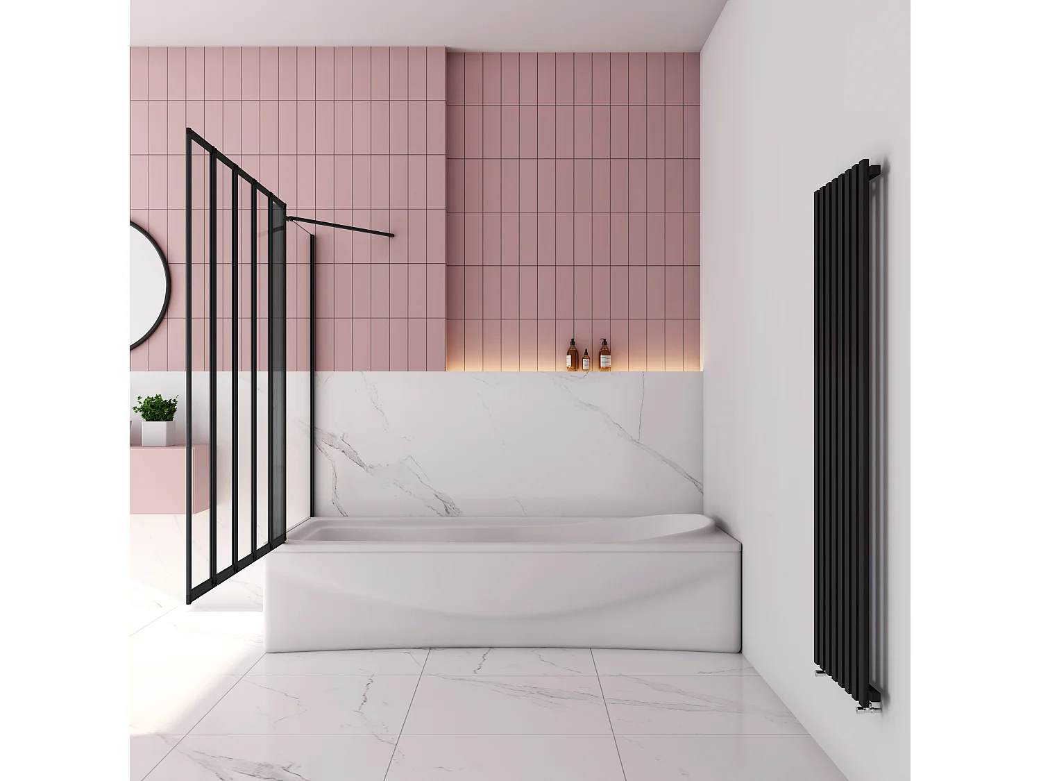 120x75x140cm Badwand 5-delig vouwbaar met vast zijwand,4mm helder ESG-veiligheidsglas - mat zwart profiel