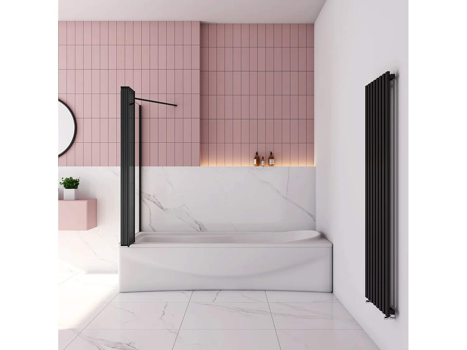 120x75x140cm Badwand 5-delig vouwbaar met vast zijwand,4mm helder ESG-veiligheidsglas - mat zwart profiel