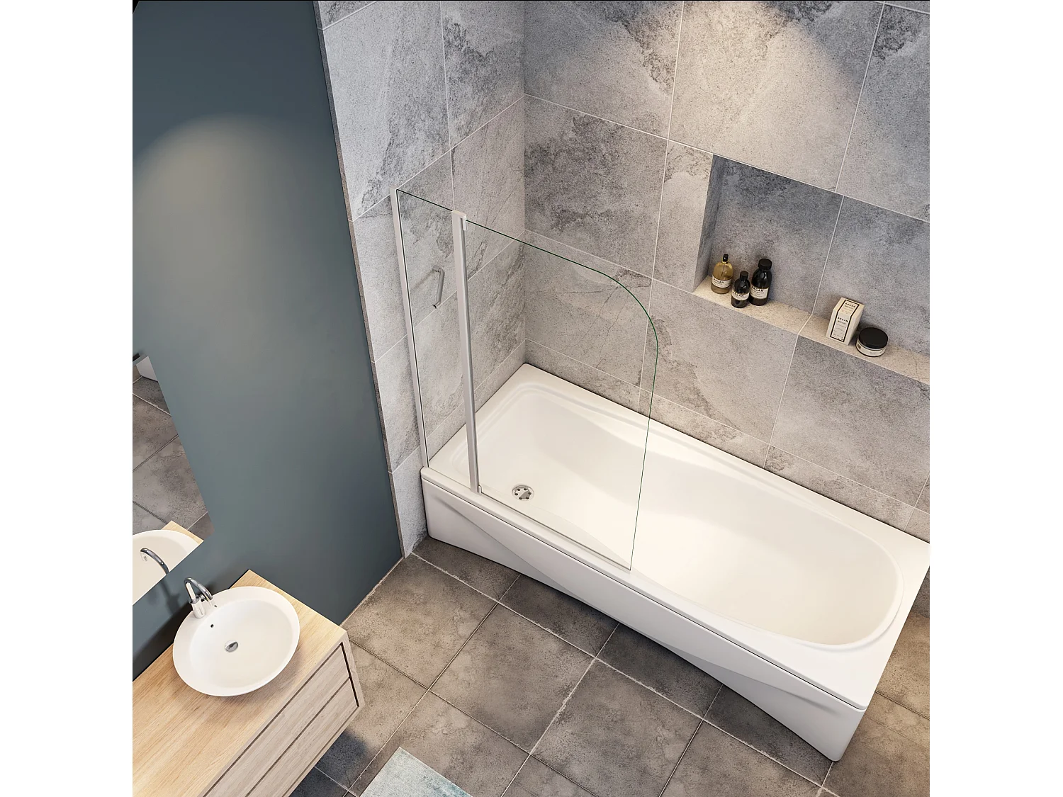 100x140cm Badscherm badwand draaibaar,4mm helder veiligheidsglas - mat wit profiel