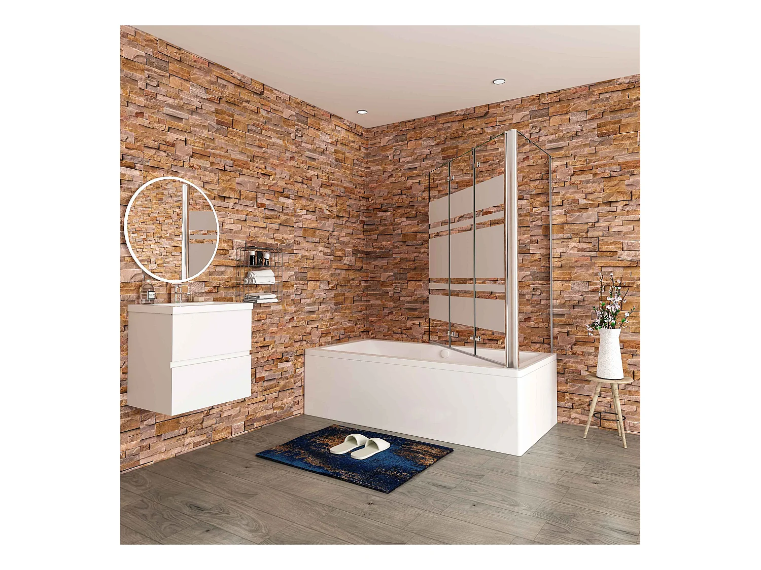 140x75x140cm Badwand 3 panelen vouwbaar met vast zijwand,6 mm nano helder veiligheidsglas met horizontale strepen - glanzend chroom