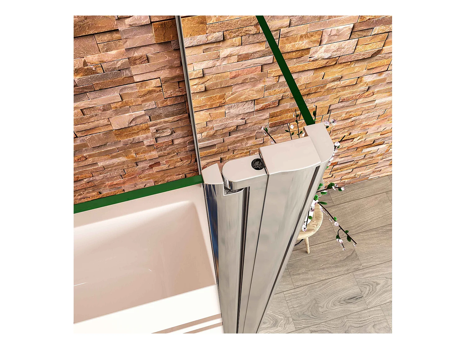 140x75x140cm Badwand 3 panelen vouwbaar met vast zijwand,6 mm nano helder veiligheidsglas met horizontale strepen - glanzend chroom